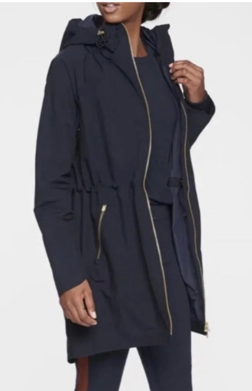 Athleta Misty Jacket Navy Blue Hooded Water Resistant Rose Gold Zip Sz 1X